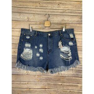 Boohoo Plus NWT US 18 Denim Shorts Distressed Raw Hems Medium Wash Jean